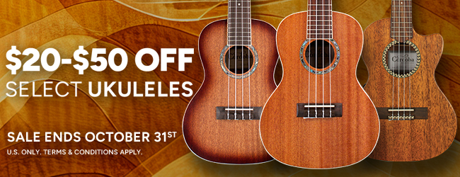 text announcing sale on select Ukuleles ends October 31st U.S. Only 3 Ukulele bodies